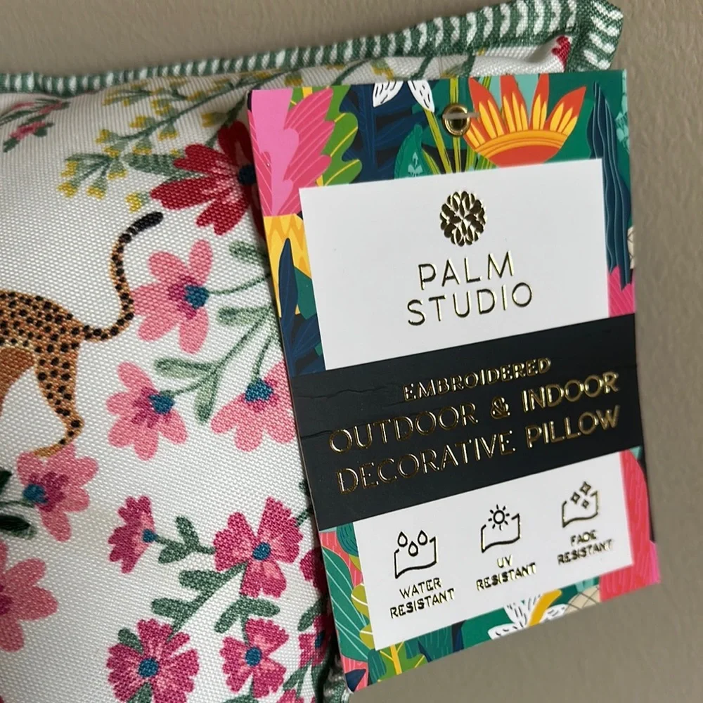 Palm Studio Outdoor Indoor Pillow Cheetah 🐆 Leopard Floral Embroidered NEW!